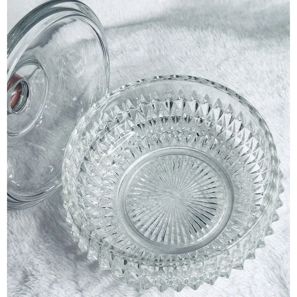 Vintage Cut Glass Covered Candy Dish Bowl Diamond Pattern 4” w Lid